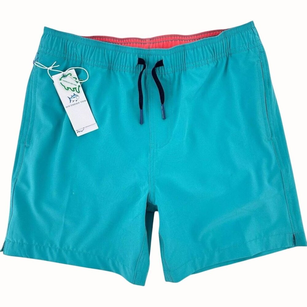 Southern Tide Boys XL-16 Quick Dry Tidal Wave Solid Turquoise Swim Trunks NEW